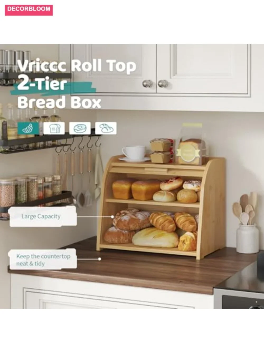 2-Tier Bamboo Roll Top Bread Box Kitchen Countertop Storage